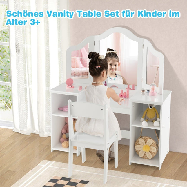 Kids Vanity & Desk Set with Tri-Fold Mirror, White