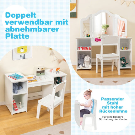 Kids Vanity & Desk Set with Tri-Fold Mirror, White