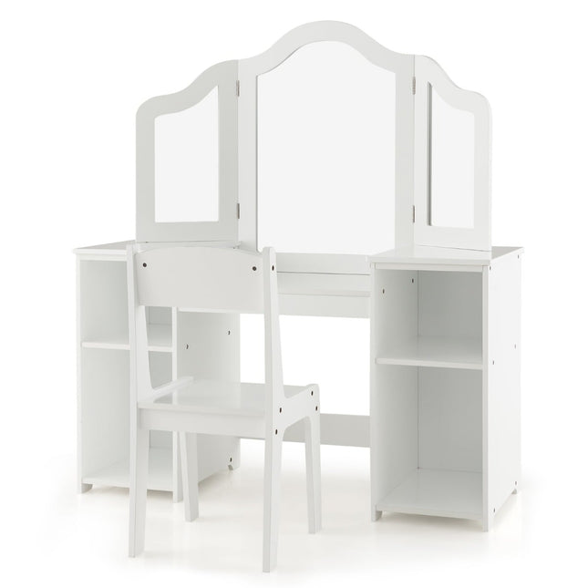Kids Vanity & Desk Set with Tri-Fold Mirror, White