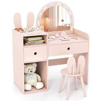 Kids Vanity Desk and Chair Set with Lights, Shelves, Pink