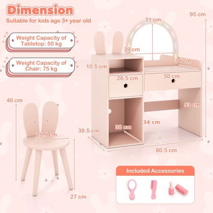 Kids Vanity Desk and Chair Set with Lights, Shelves, Pink