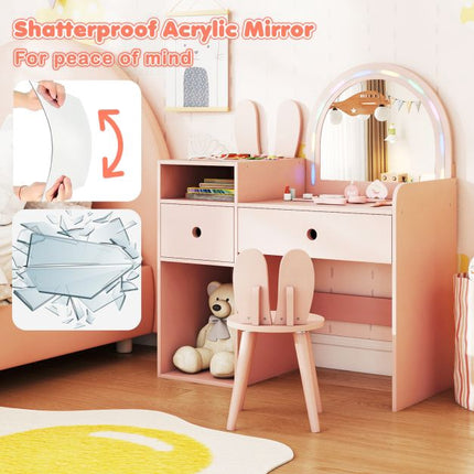 Kids Vanity Desk and Chair Set with Lights, Shelves, Pink