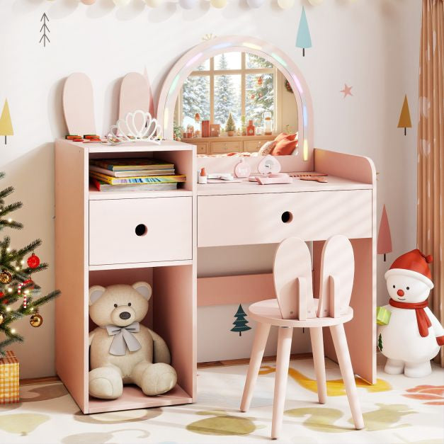 Kids Vanity Desk and Chair Set with Lights, Shelves, Pink