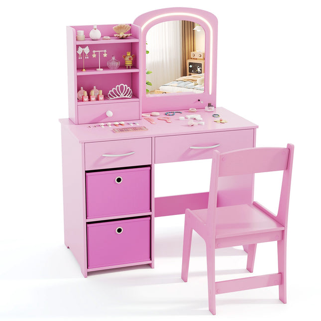 Kids Vanity Set With Lighted Mirror, Chair, Drawers, Pink