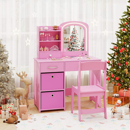Kids Vanity Set With Lighted Mirror, Chair, Drawers, Pink