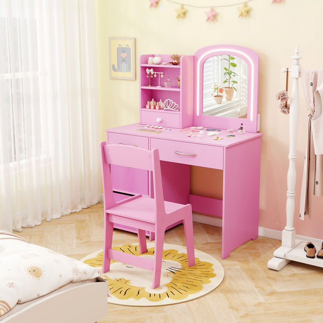 Kids Vanity Set With Lighted Mirror, Chair, Drawers, Pink
