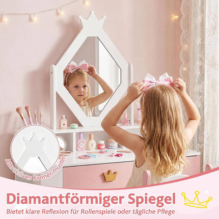 Kids Vanity Set with Crown Mirror & Chair – White & Pink