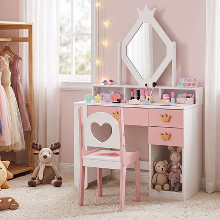 Kids Vanity Set with Crown Mirror & Chair – White & Pink
