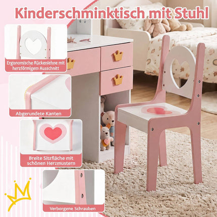Kids Vanity Set with Crown Mirror & Chair – White & Pink