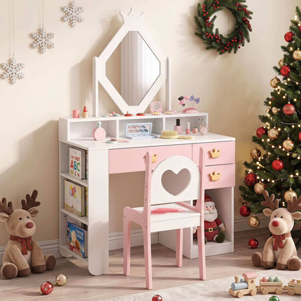 Kids Vanity Set with Crown Mirror & Chair – White & Pink
