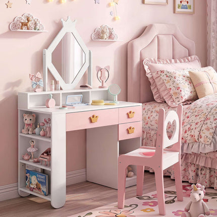 Kids Vanity Set with Crown Mirror & Chair – White & Pink