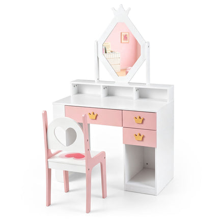 Kids Vanity Set with Crown Mirror & Chair – White & Pink