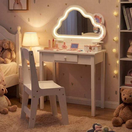 Kids Vanity Set with LED Cloud Mirror & Stool, White