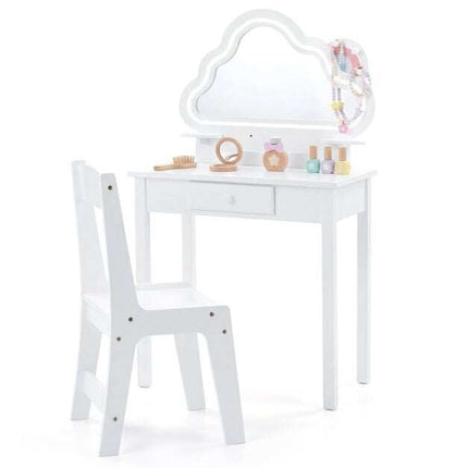 Kids Vanity Set with LED Cloud Mirror & Stool, White