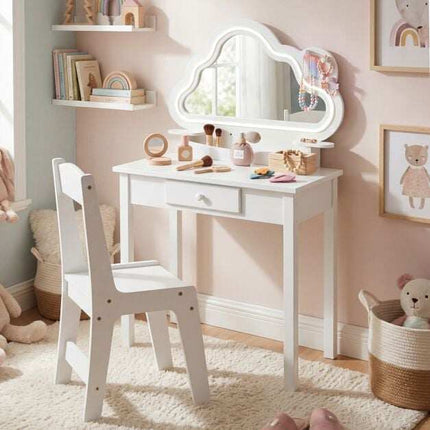 Kids Vanity Set with LED Cloud Mirror & Stool, White