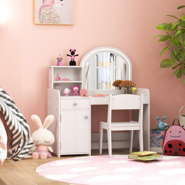Kids Vanity Set with LED Mirror, Stool, and Storage