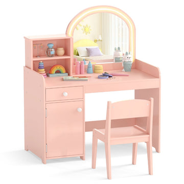 Kids Vanity Set with LED Mirror, Stool, and Storage