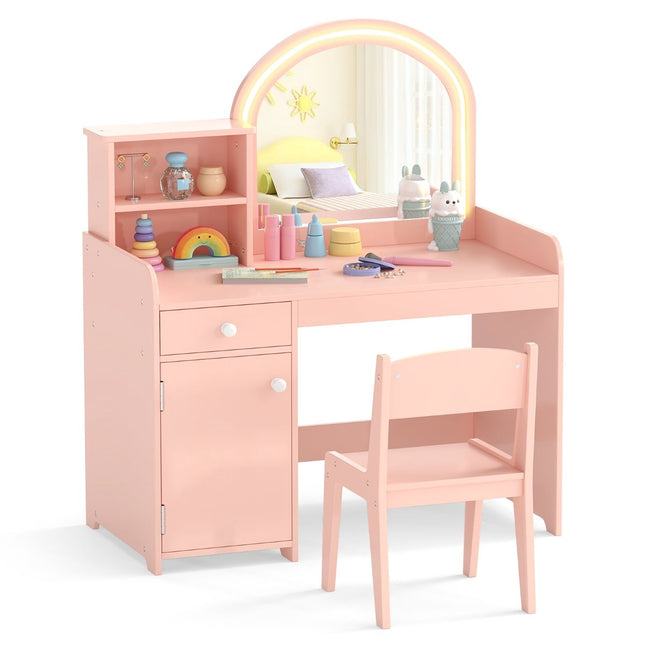 Kids Vanity Set with LED Mirror, Stool, and Storage