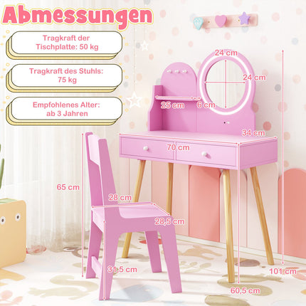Kids Vanity Set with Lighted Mirror, Pink Princess Theme
