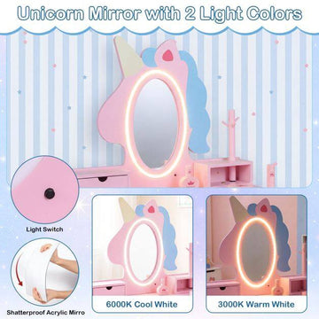 Kids Vanity Set with Lighted Mirror and Stool - Pink