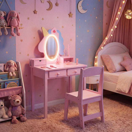 Kids Vanity Set with Lighted Mirror and Stool - Pink