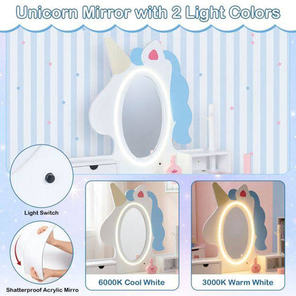 Kids Vanity Set with Lighted Unicorn Mirror & Stool