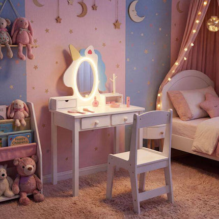 Kids Vanity Set with Lighted Unicorn Mirror & Stool