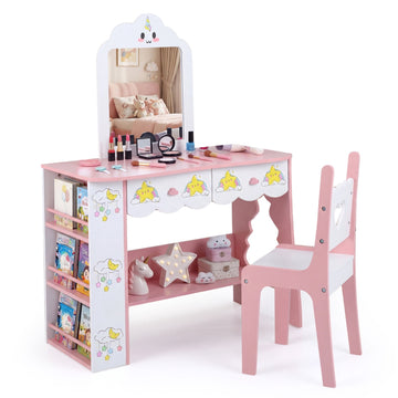Kids Vanity Set with Mirror & Chair – Pink & White MDF