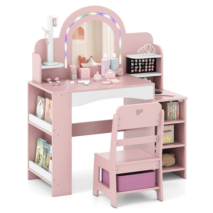 Kids Vanity Set with Mirror, Lights, and Chair – Pink