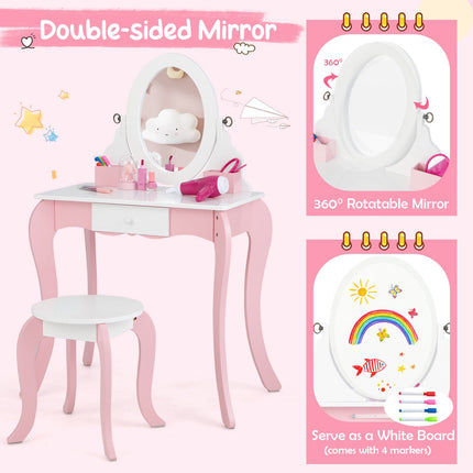 Kids Vanity Set with Rotating Mirror, Stool, Pink White