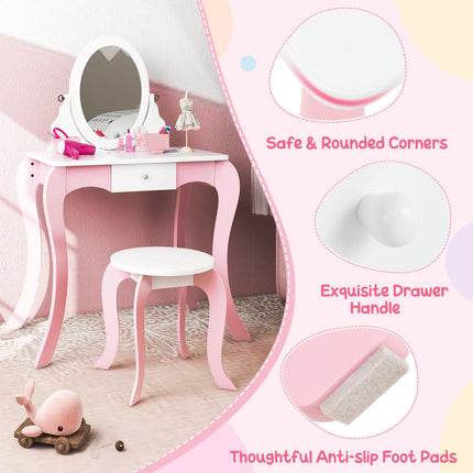 Kids Vanity Set with Rotating Mirror, Stool, Pink White