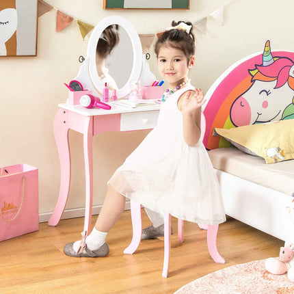 Kids Vanity Set with Rotating Mirror, Stool, Pink White