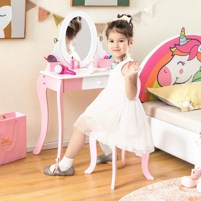 Kids Vanity Set with Rotating Mirror, Stool, Pink White