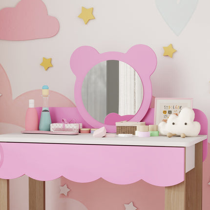 Kids Vanity Set with Stool, Bear Mirror, Pink MDF