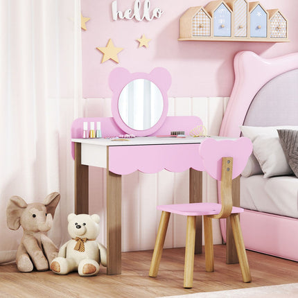 Kids Vanity Set with Stool, Bear Mirror, Pink MDF
