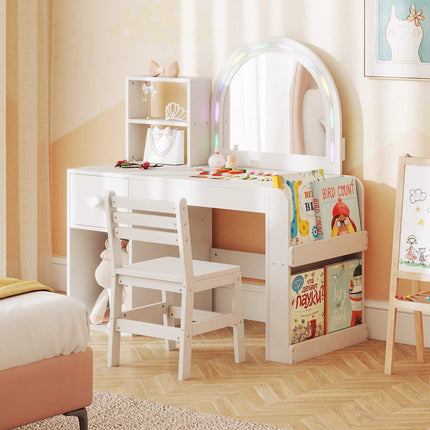 Kids Vanity Table & Chair Set with Lighted Mirror, White