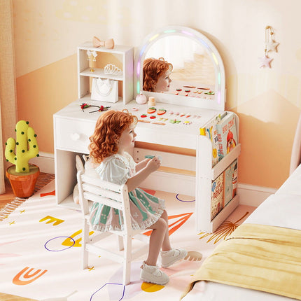 Kids Vanity Table & Chair Set with Lighted Mirror, White