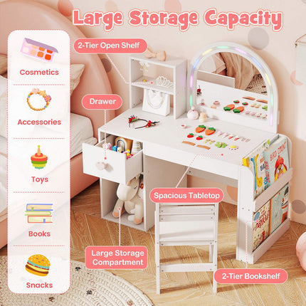 Kids Vanity Table & Chair Set with Lighted Mirror, White