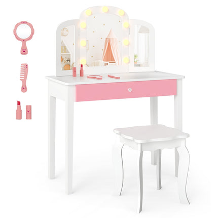 Kids Vanity Table Set – 2-in-1 Design, LED Lights, White