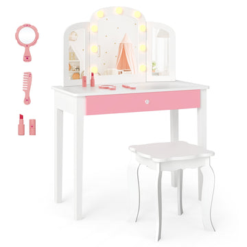 Kids Vanity Table Set – 2-in-1 Design, LED Lights, White