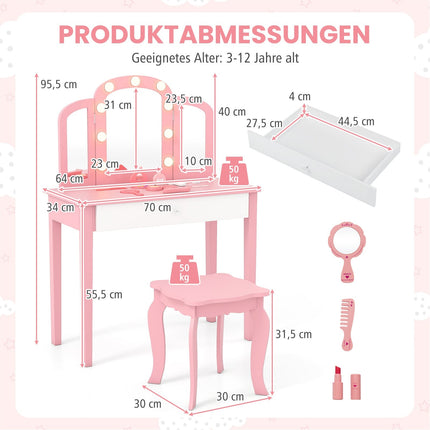 Kids Vanity Table Set – 2-in-1 Design, LED Lights, White