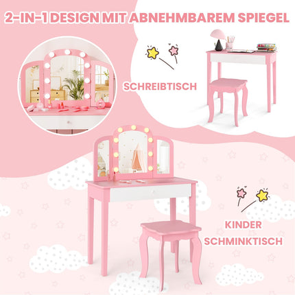 Kids Vanity Table Set – 2-in-1 Design, LED Lights, White