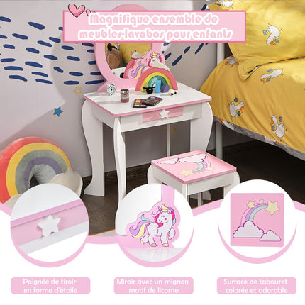 Kids Vanity Table Set – Mirror, Stool, Drawer, White