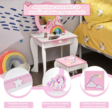 Kids Vanity Table Set – Mirror, Stool, Drawer, White