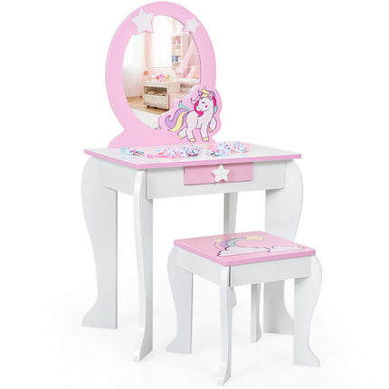 Kids Vanity Table Set – Mirror, Stool, Drawer, White