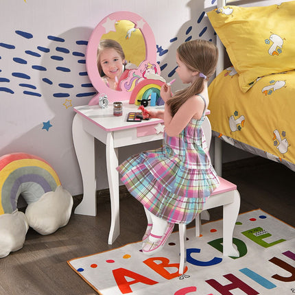 Kids Vanity Table Set – Mirror, Stool, Drawer, White