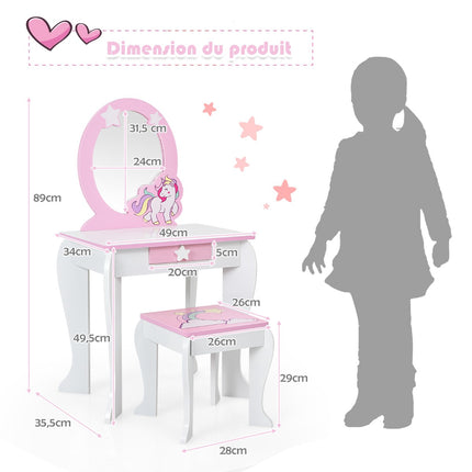 Kids Vanity Table Set – Mirror, Stool, Drawer, White