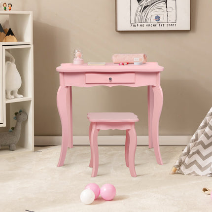 Kids Vanity Table Set, Stool, Tri-Fold Mirror, Drawer