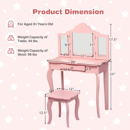 Kids Vanity Table Set, Stool, Tri-Fold Mirror, Drawer