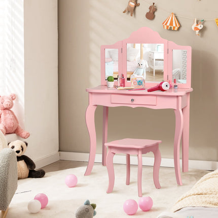 Kids Vanity Table Set, Stool, Tri-Fold Mirror, Drawer
